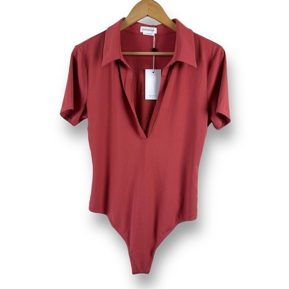 Revolve Lovers & Friends Women's L Charli Collared Ribbed Bodysuit Rose Red New